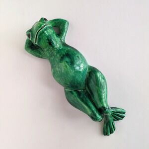 Vtg Arnel's Ceramic Laying‎ Down Lounging Frog Figurine Green Glaze Retro 13"
